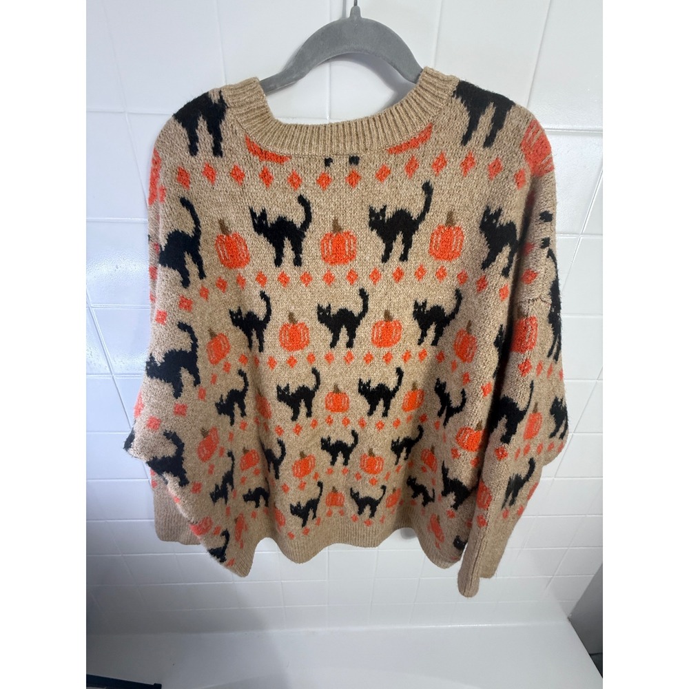 Vince Camuto Womens XXL Halloween Black Cat Pumpkin Intarsia Knit Sweater Tan - Picture 7 of 7